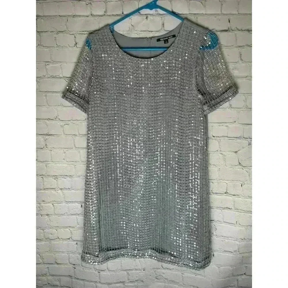 Gianni Bini Sparkly Silver Sequin Mesh Mini Dress Womens Size S